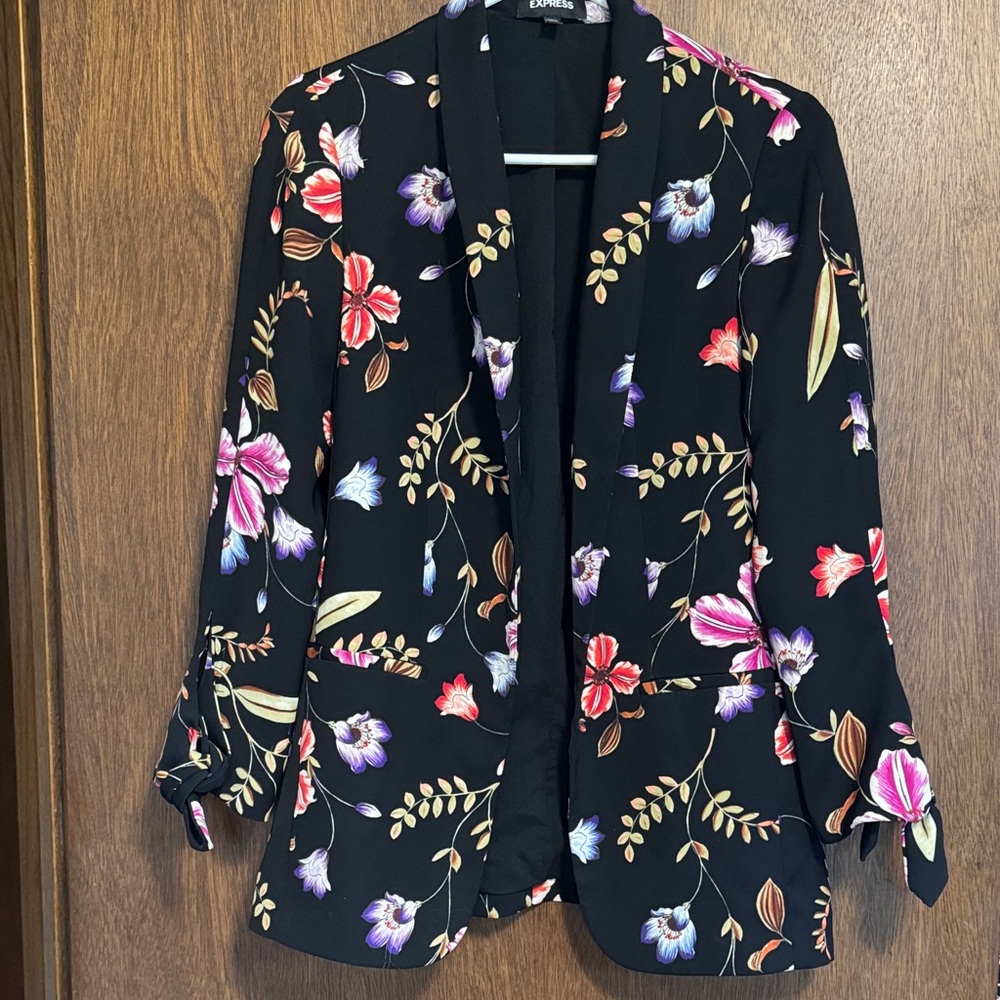 Express Black Floral Blazer with Pink & Purple Blooms